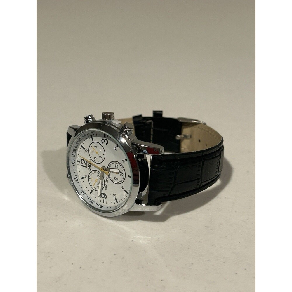 Geneva Men’s Quartz Watch White Dial Black Croco Leather Strap New Battery
